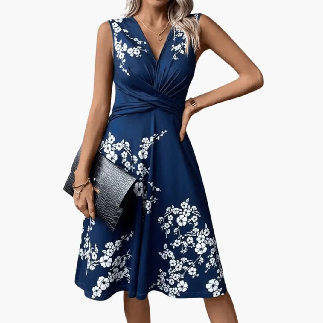 Vestido midi mujer de tela floral sin mangas cuello en v - Mavetta