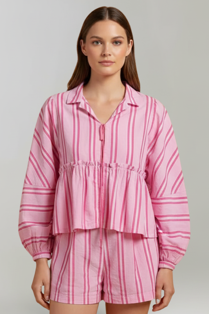 Conjunto Mujer de Shorts y Camisa Manga Larga Rayas