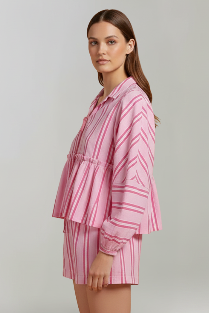 Conjunto Mujer de Shorts y Camisa Manga Larga Rayas
