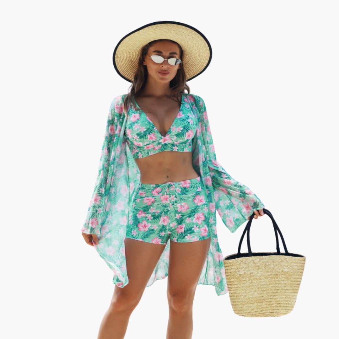 Conjunto bikini mujer de tres piezas estampado