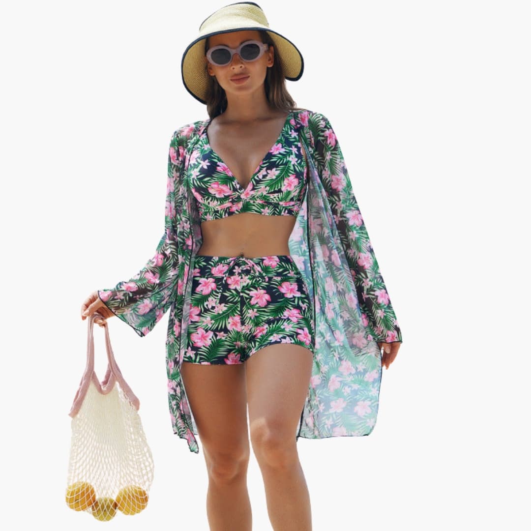 Conjunto bikini mujer de tres piezas estampado