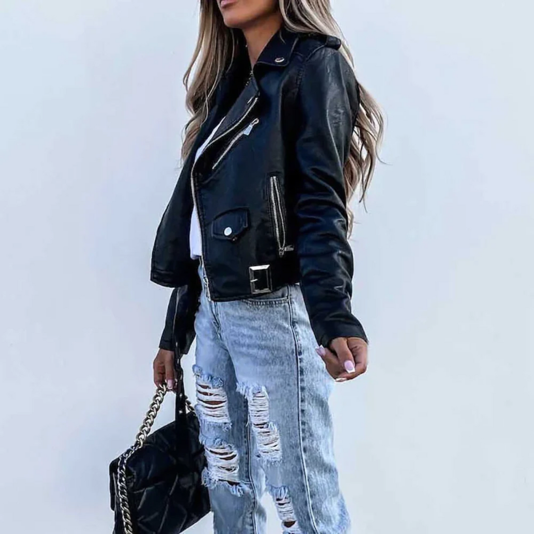Cazadora Biker Mujer de Piel Ajuste Entallado