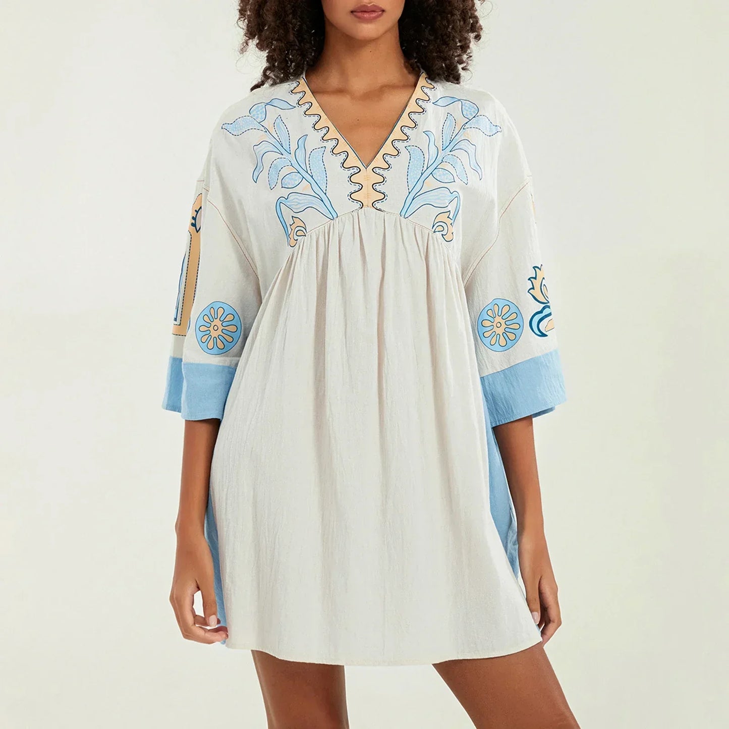 Vestido túnica mujer con bordados escote en V