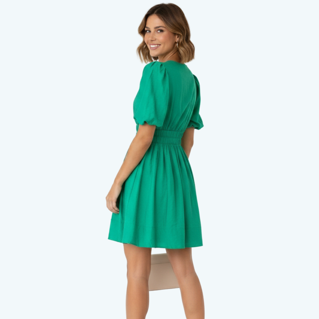 Vestido Corto Mujer Escote en V Manga Abullonada Cintura Fruncida