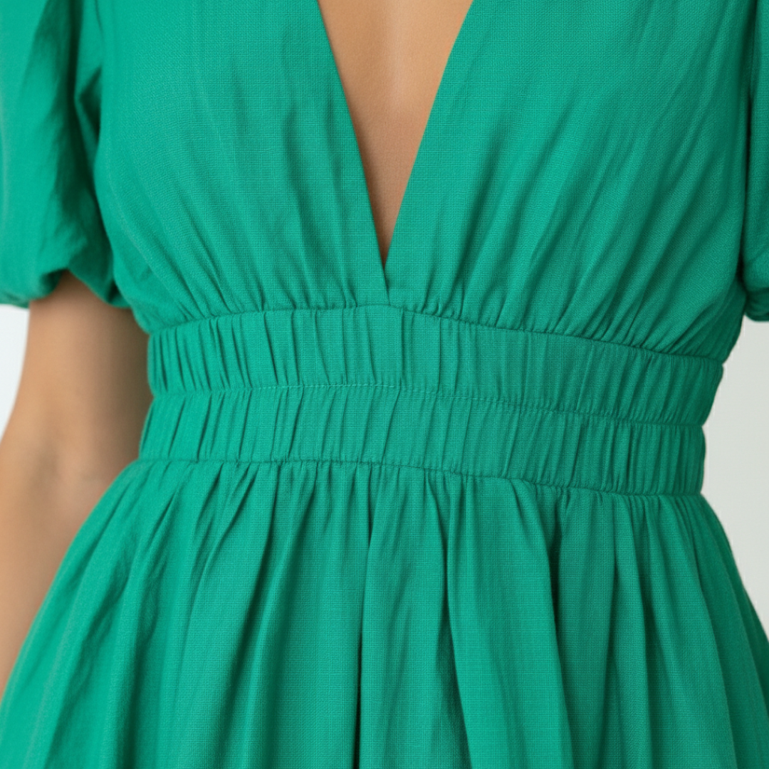 Vestido Corto Mujer Escote en V Manga Abullonada Cintura Fruncida