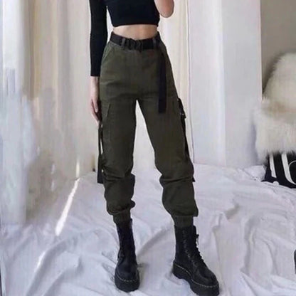 Pantalón cargo mujer algodón cintura alta detalle cinturón