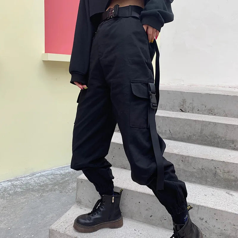 Pantalón cargo mujer algodón cintura alta detalle cinturón