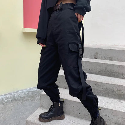 Pantalón cargo mujer algodón cintura alta detalle cinturón