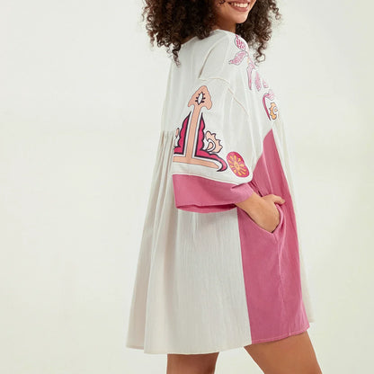 Vestido túnica mujer con bordados escote en V