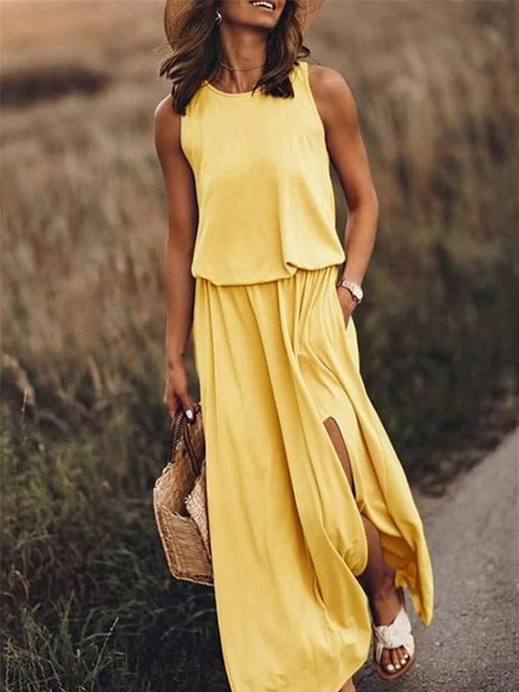 Vestido maxi mujer sin mangas abertura lateral elegante