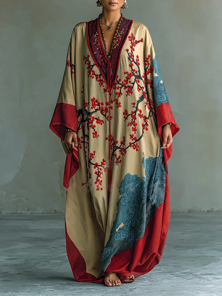 Vestido largo mujer Estilo japonés Manga murciélago Flores ciruelo - Mavetta