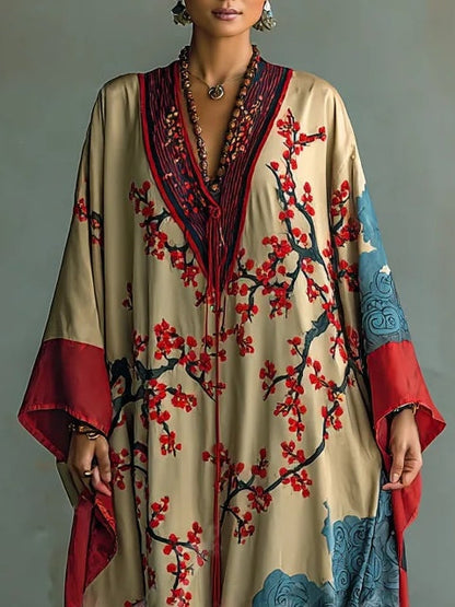 Vestido largo mujer Estilo japonés Manga murciélago Flores ciruelo