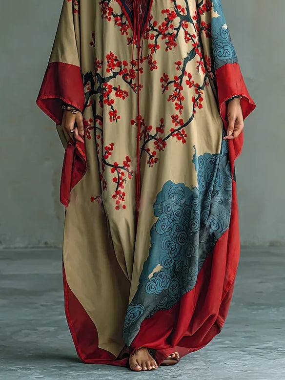 Vestido largo mujer Estilo japonés Manga murciélago Flores ciruelo