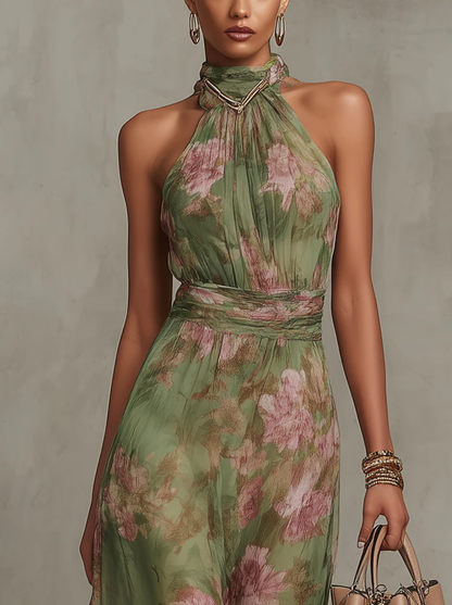 Vestido largo Mujer de gasa floral escote halter