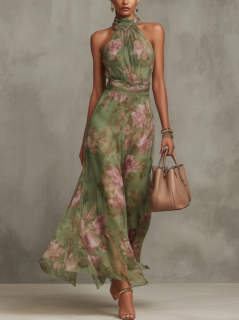 Vestido largo Mujer de gasa floral escote halter - Mavetta