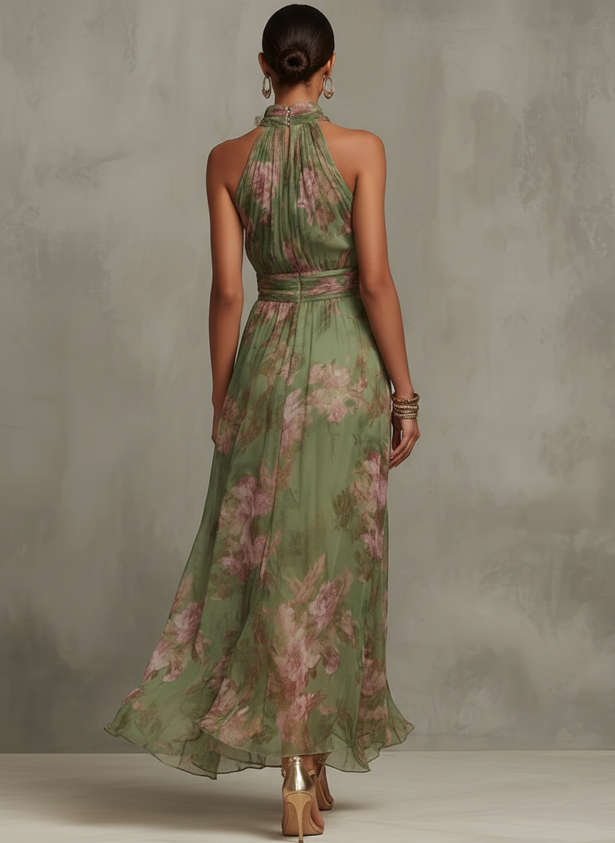 Vestido largo Mujer de gasa floral escote halter