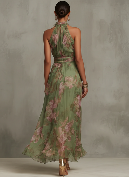Vestido largo Mujer de gasa floral escote halter