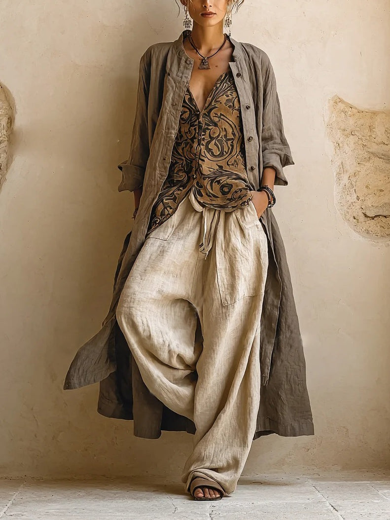 Conjunto mujer lino algodón étnico cárdigan pantalón ancho - Mavetta