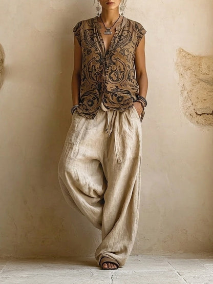 Conjunto mujer lino algodón étnico cárdigan pantalón ancho