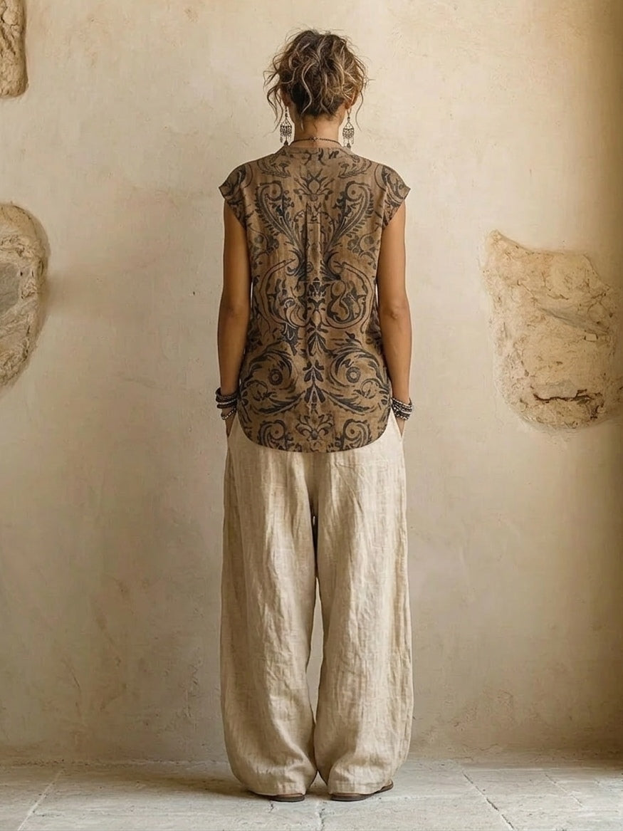 Conjunto mujer lino algodón étnico cárdigan pantalón ancho