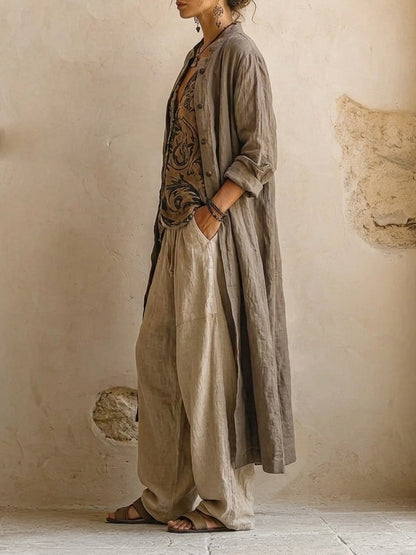 Conjunto mujer lino algodón étnico cárdigan pantalón ancho