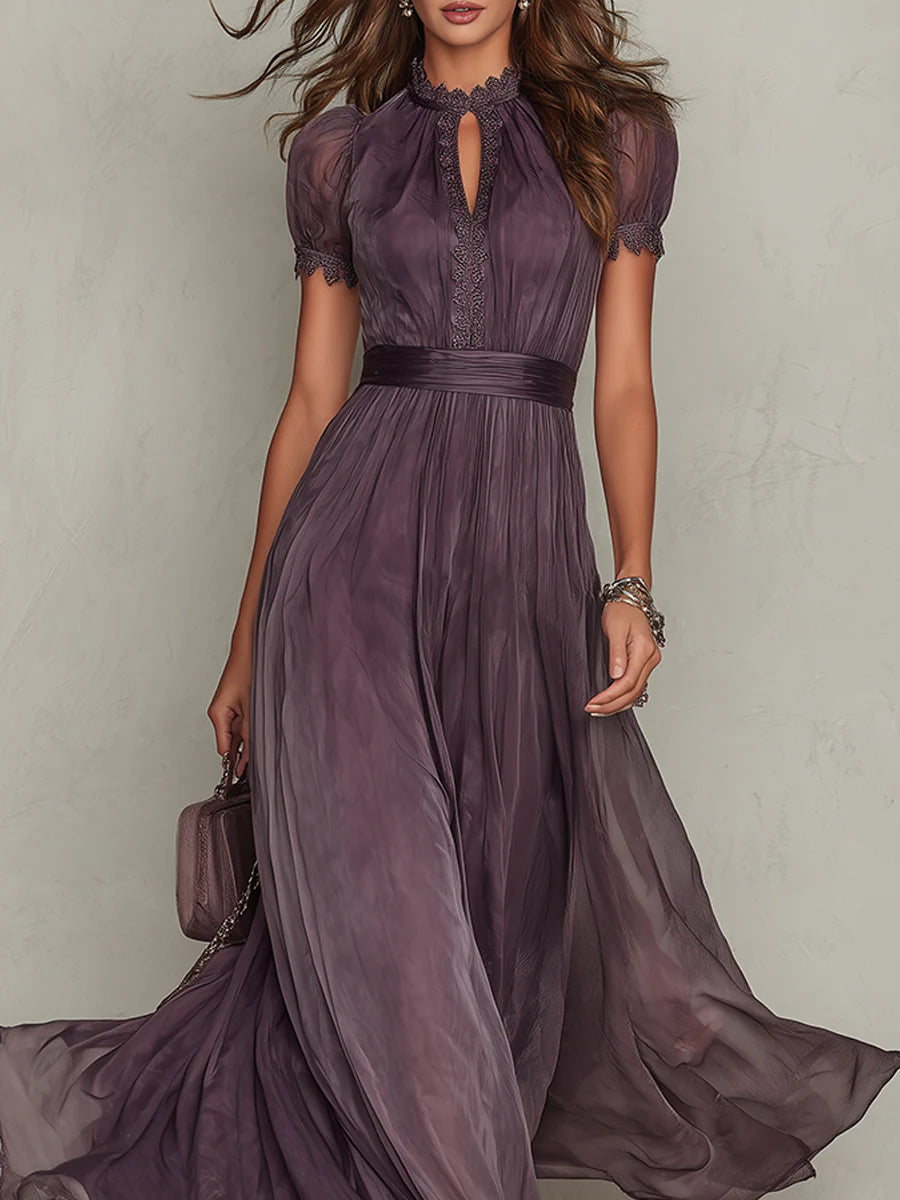 Vestido Largo Mujer de Gasa y Encaje Corte Elegante