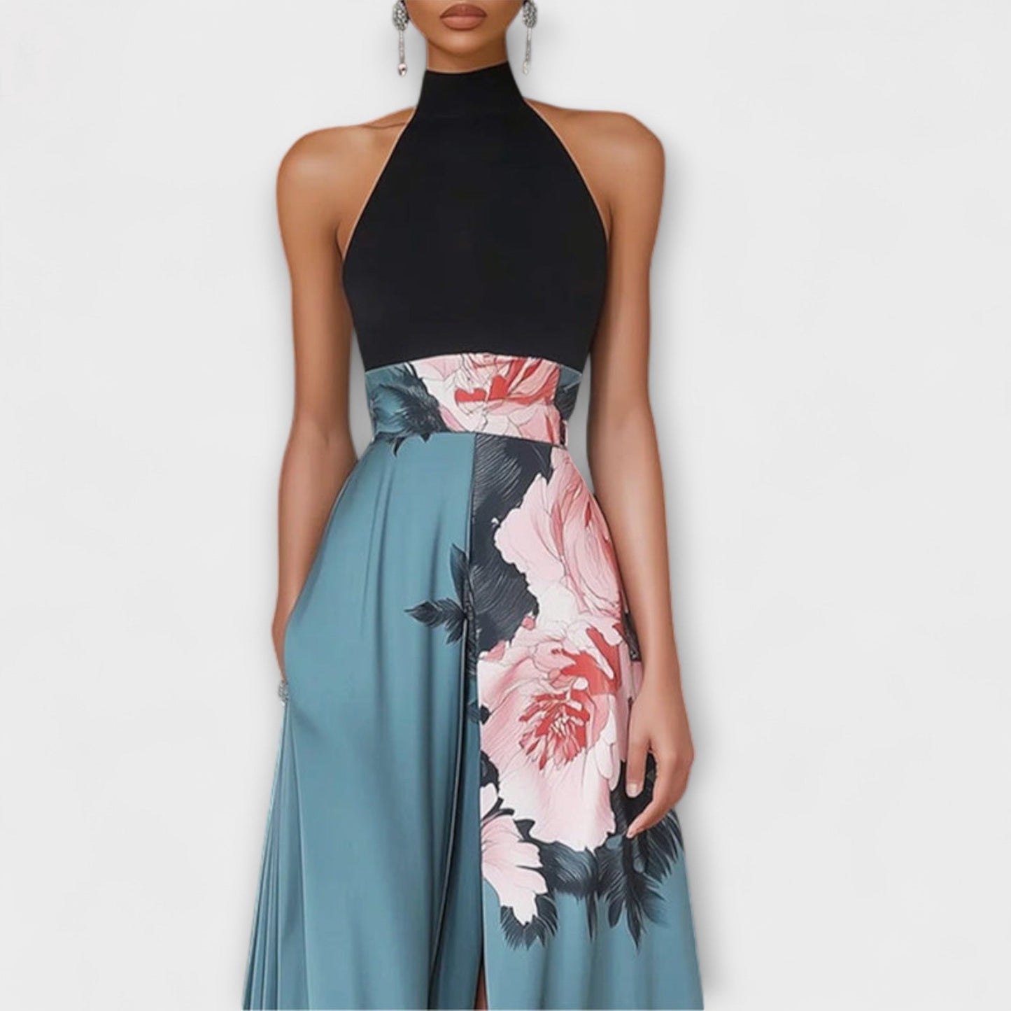 Vestido Largo Mujer Gasa Cuello Alto Falda Corte A - Mavetta