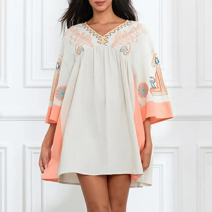 Vestido túnica mujer con bordados escote en V