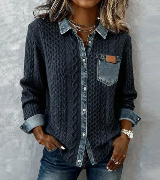 mujer tejido con detalles denim estilo casual elegante - Mavetta