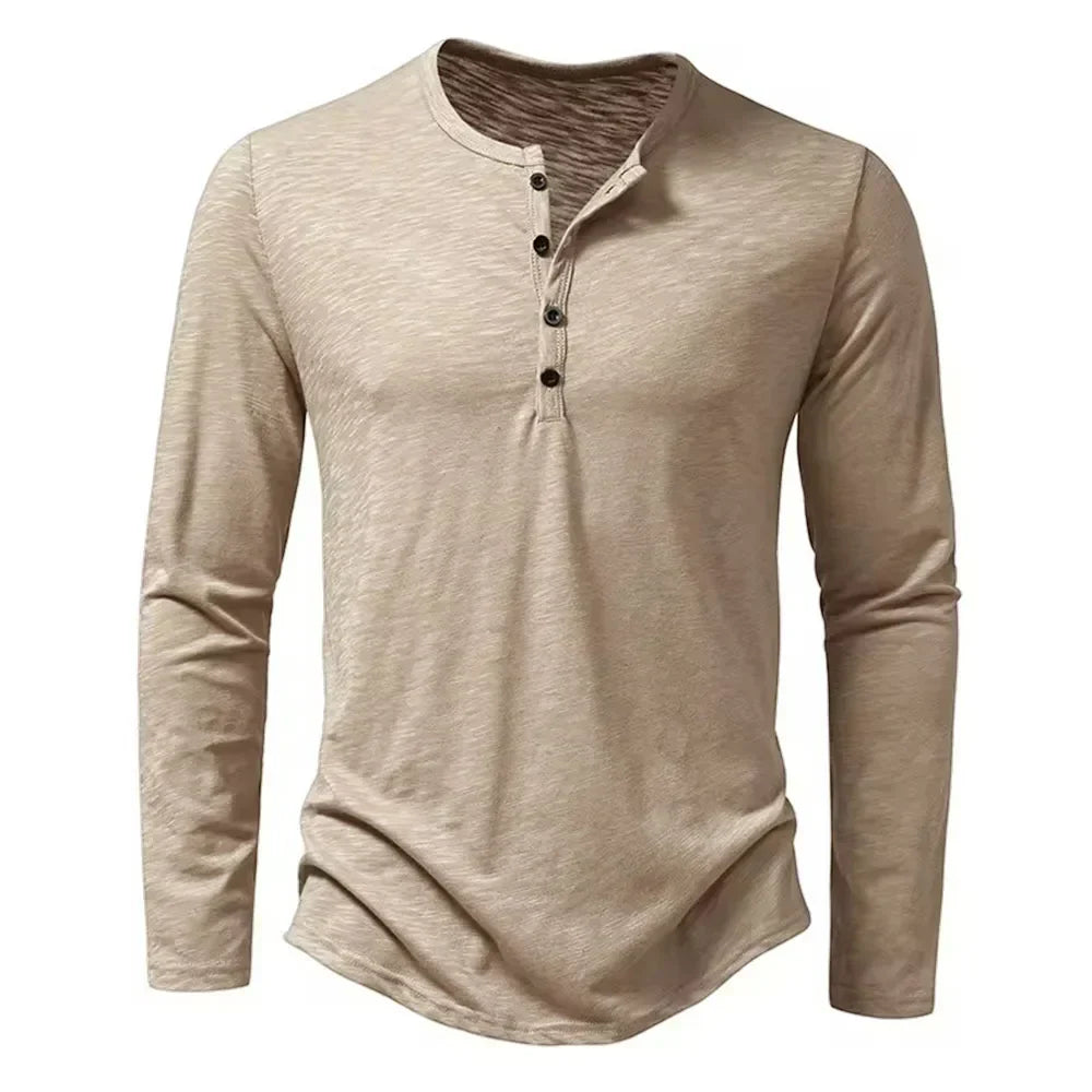 Camiseta Hombre Manga Larga Algodón Botones en Escote