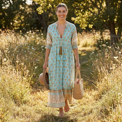 Vestido Largo Mujer Estampado Borlas Estilo Boho