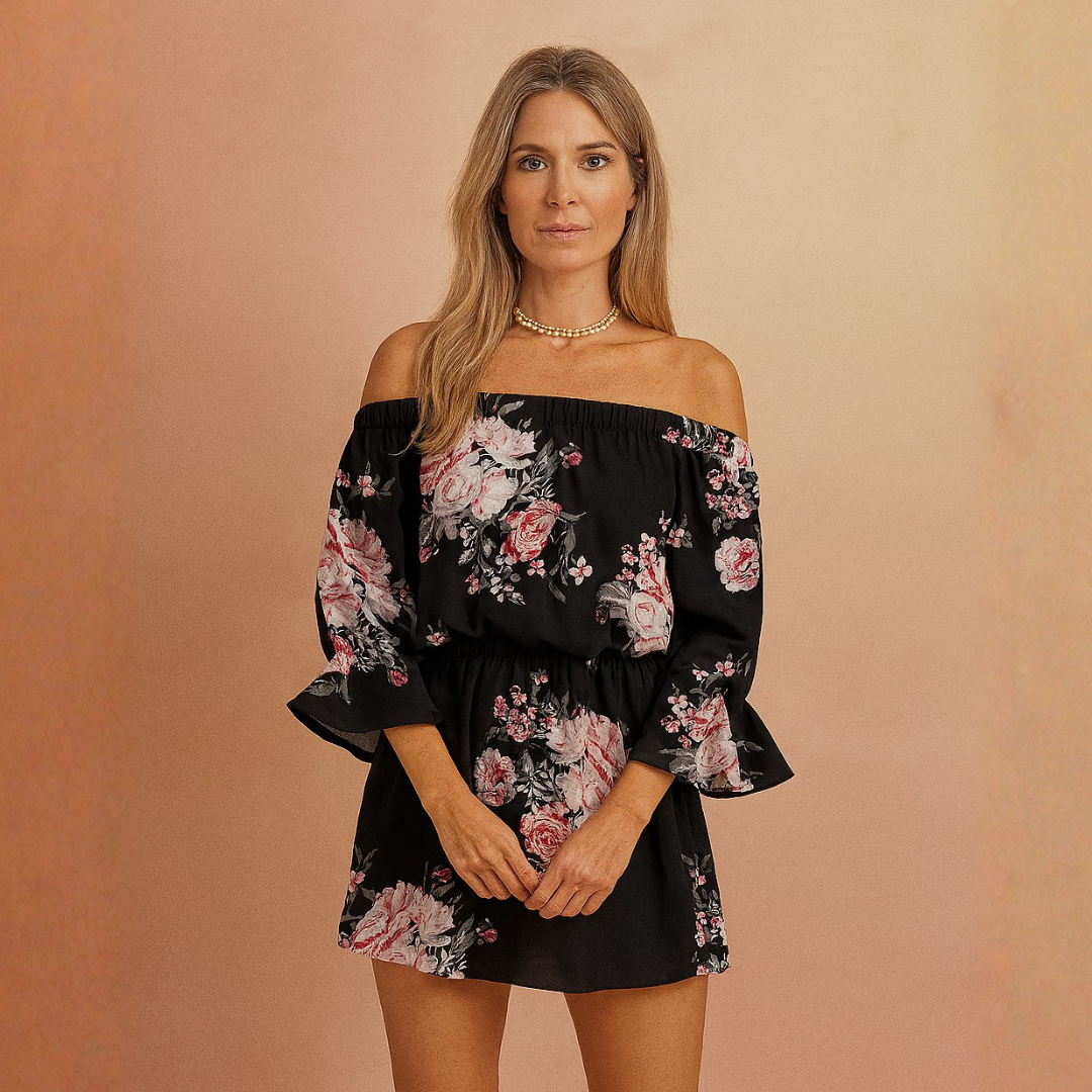 Vestido Corto Mujer Estampado Escote Bardot Manga Volantes Cintura - Mavetta