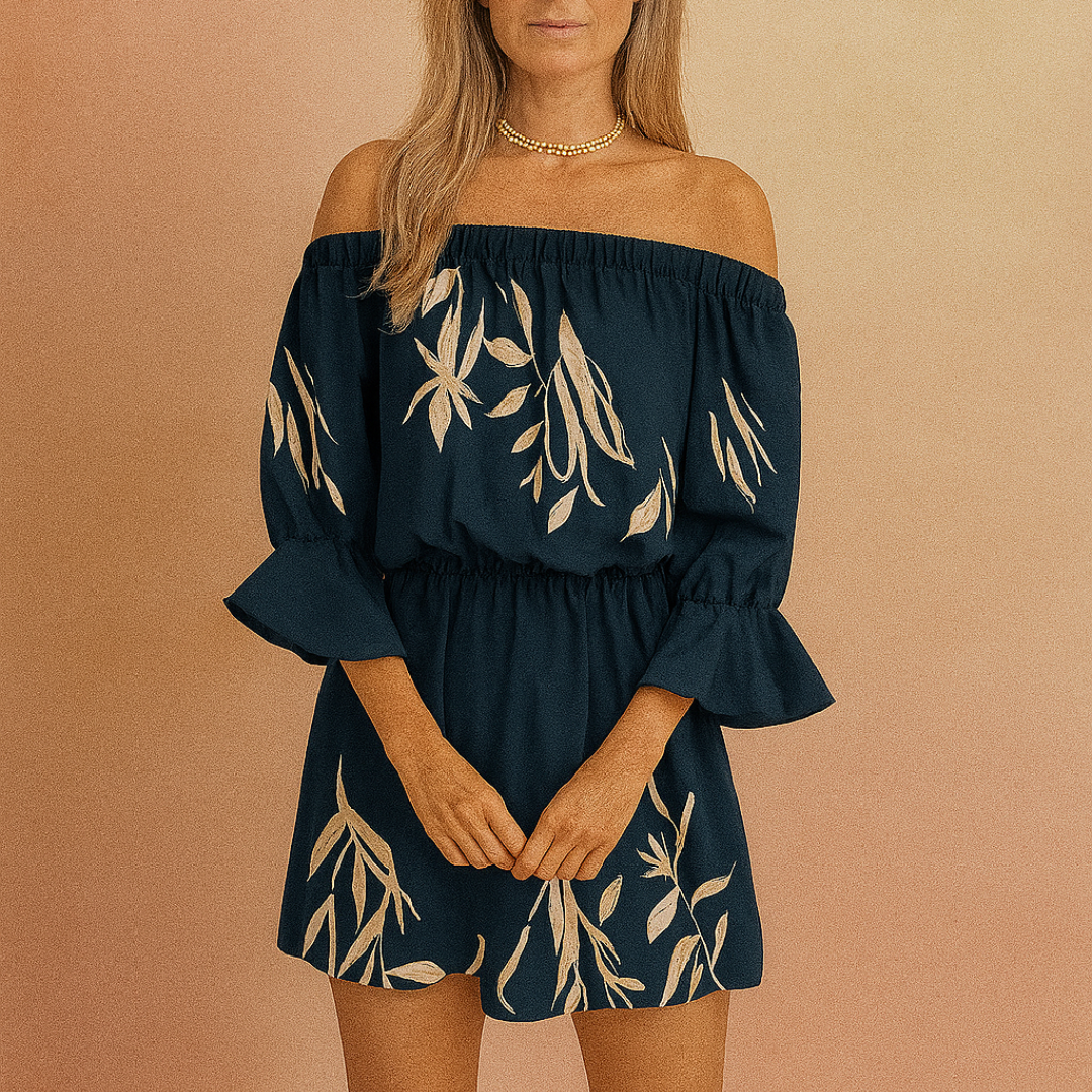 Vestido Corto Mujer Estampado Escote Bardot Manga Volantes Cintura