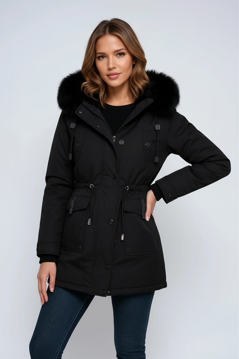 Parka Mujer Invierno con Capucha y Cuello de Pelo Sintético