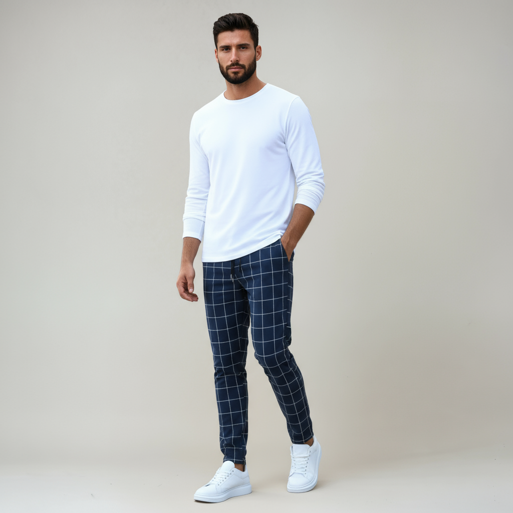 Pantalón Hombre Estampado Cuadros Cintura Ajustable
