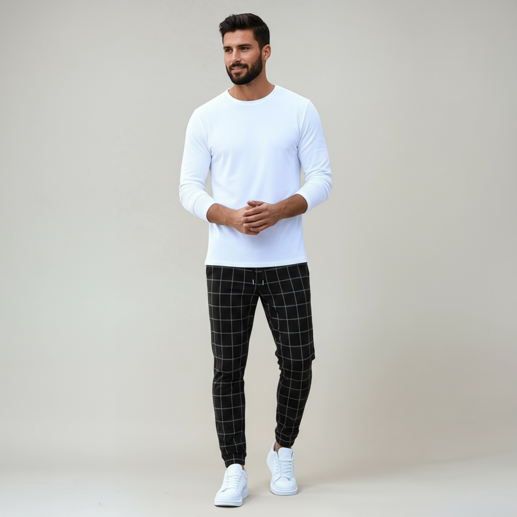 Pantalón Hombre Estampado Cuadros Cintura Ajustable