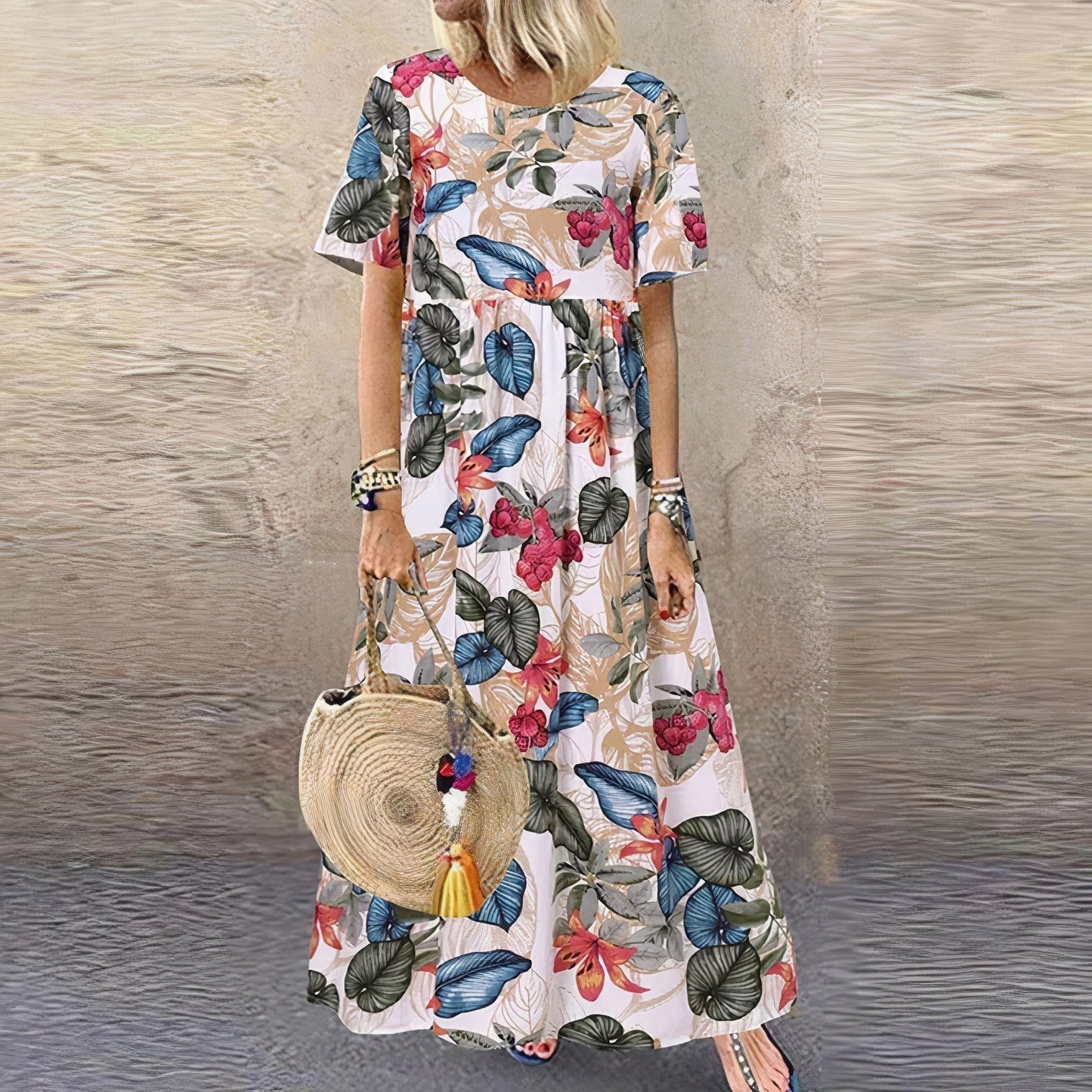 Vestido Largo Mujer Cuello Redondo Estampado Floral