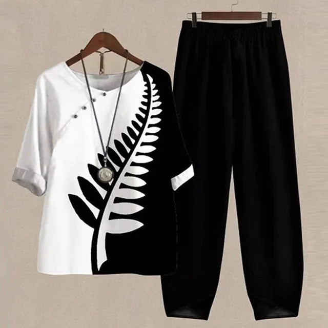 Conjunto Mujer Blusa Holgada y Pantalones Ajustados Suaves