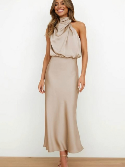 Vestido noche Mujer cuello halter corte fluido