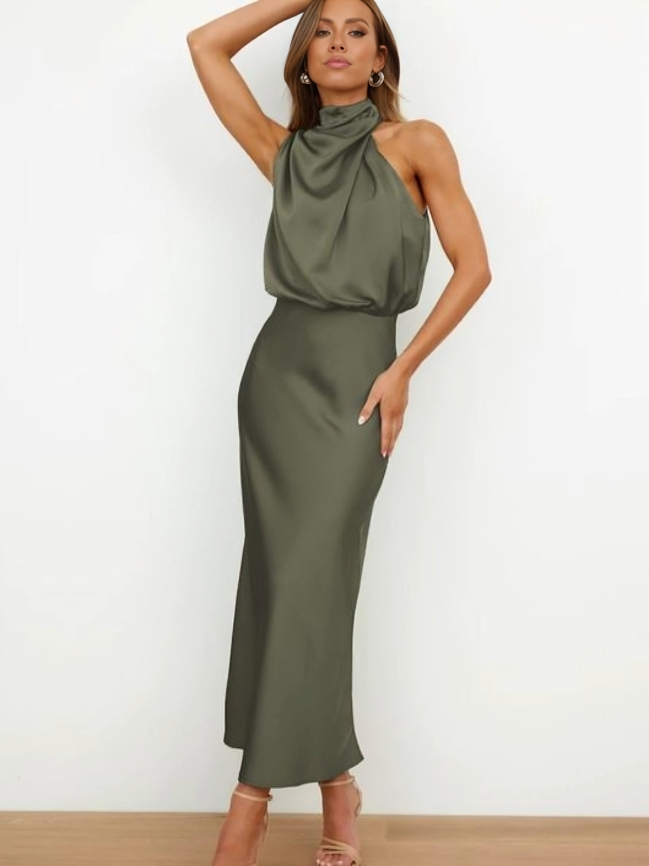 Vestido noche Mujer cuello halter corte fluido