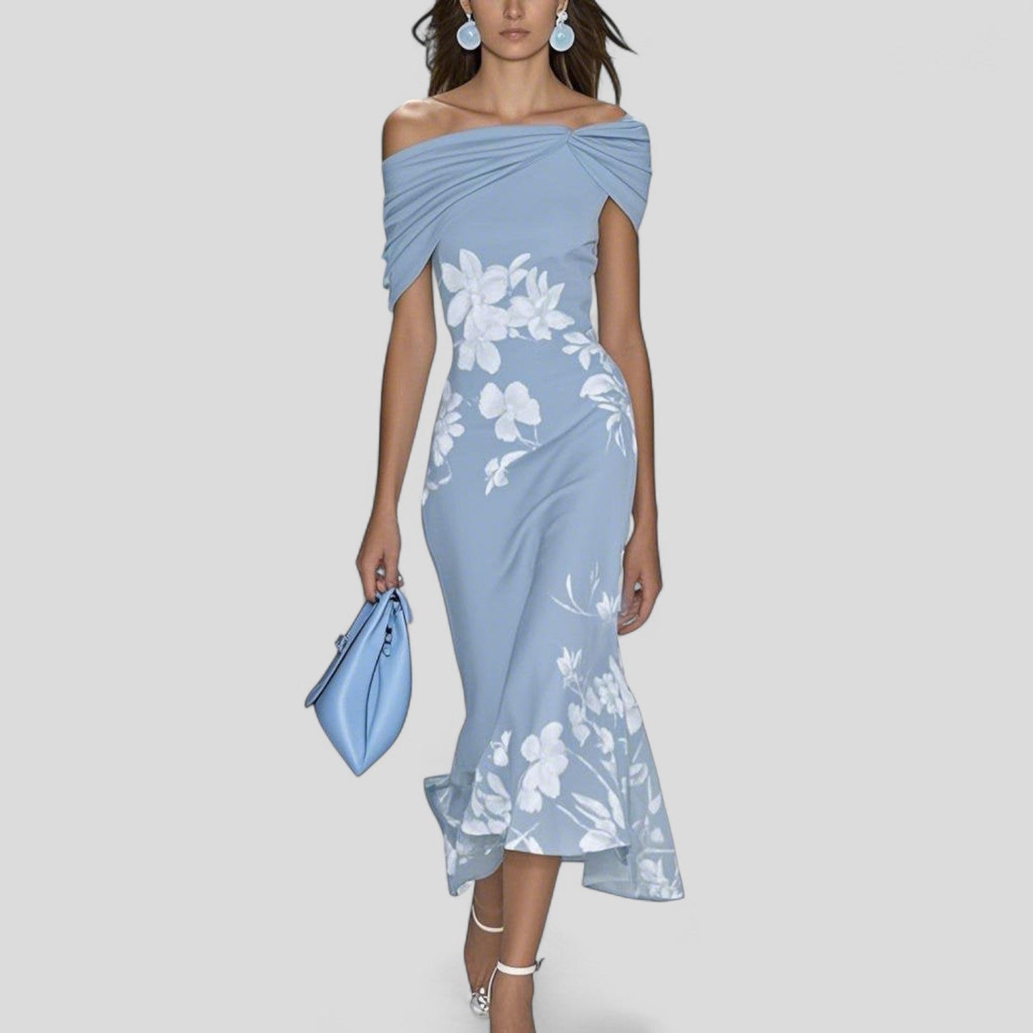 Vestido midi mujer de tejido floral escote off-shoulder silueta