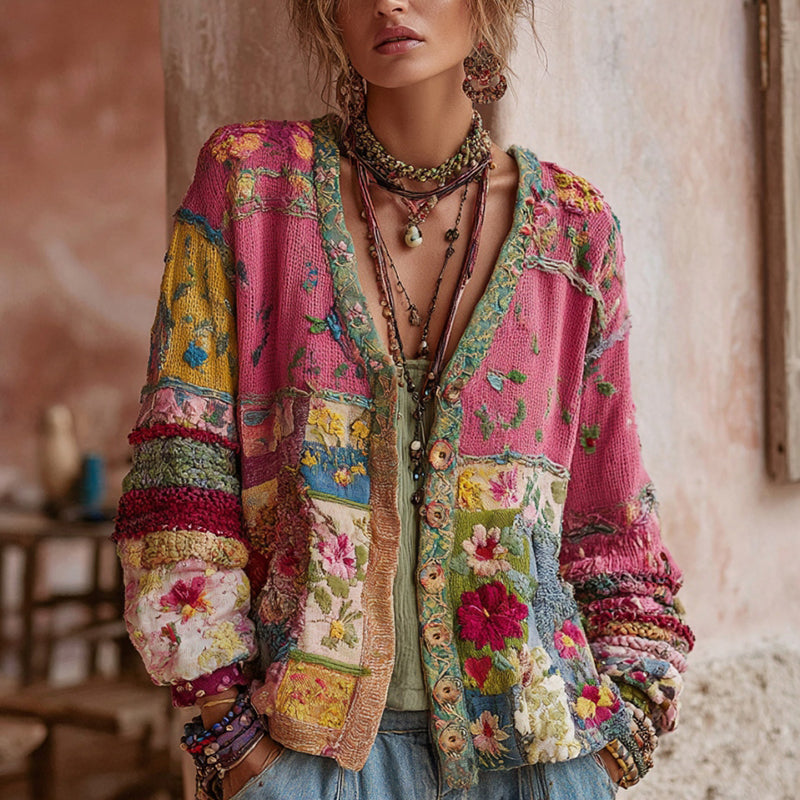 Cárdigan Mujer Algodón Bordado Patchwork Estilo Bohemio - Mavetta