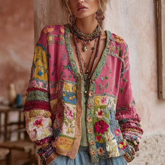 Cárdigan Mujer Algodón Bordado Patchwork Estilo Bohemio - Mavetta