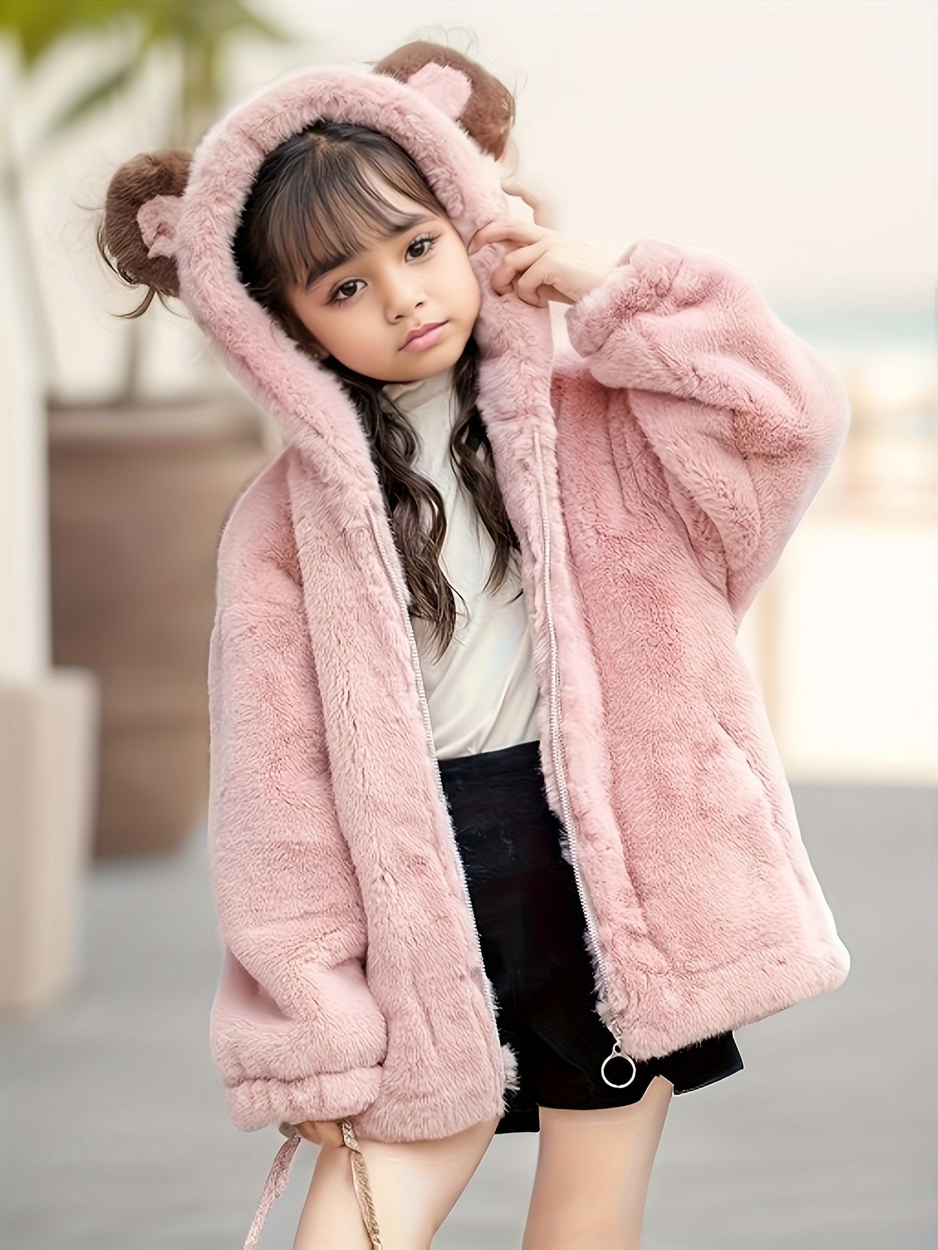 Chaqueta Niña de Felpa con Capucha y Orejitas
