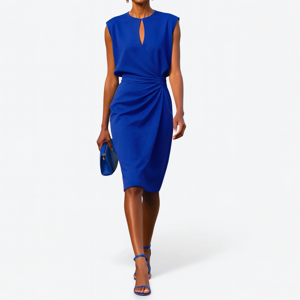 Vestido Midi Mujer Cruzado con Pliegues y Cuello Redondo