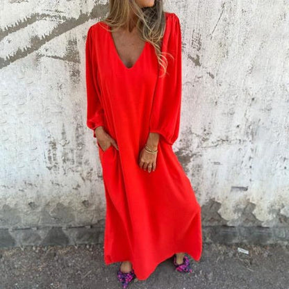 Vestido largo Mujer fluido escote en V mangas abullonadas
