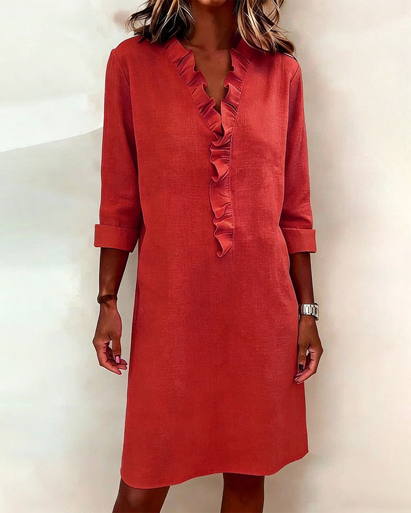 Vestido mujer lino algodón escote en V volantes casual