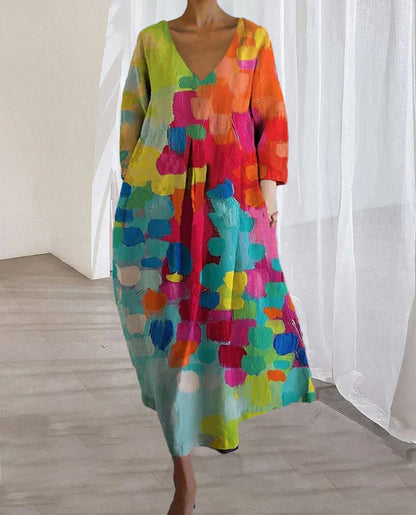 Vestido largo Mujer Escote en V Estampado Artistico