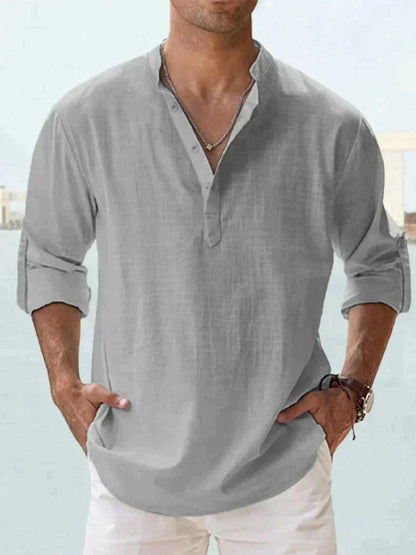 Camisa Hombre Manga Larga Cuello Mao Corte Suelto
