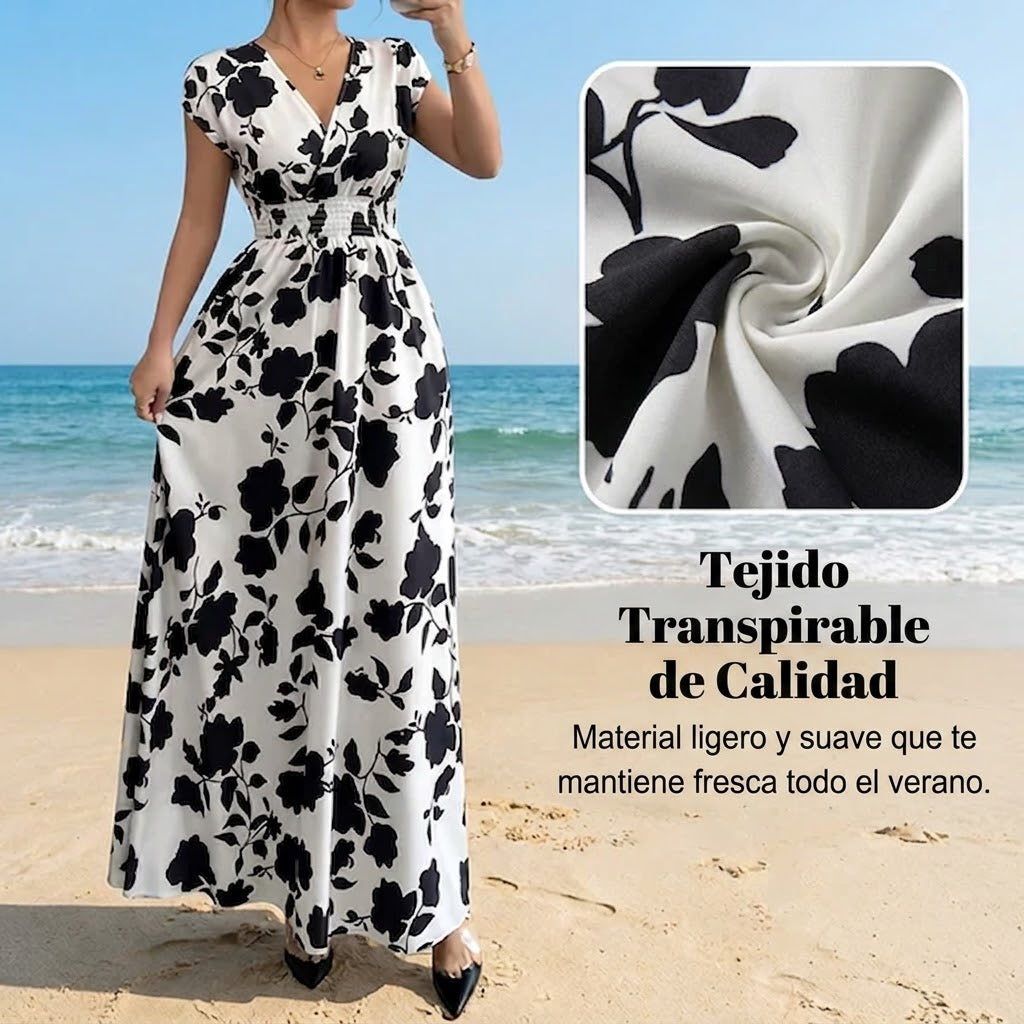 Vestido largo Mujer con escote en V y estampado floral